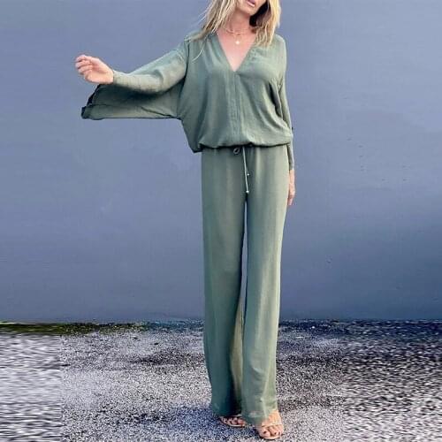 2021 Autumn New Product Sexy V-neck Long-sleeved Top + Wide-Leg Trousers Fashion Two-Piece Female Casual Simple Sportswear