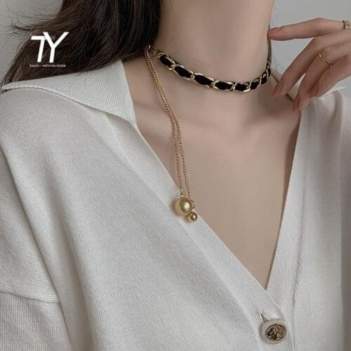 2021 New Design Sense Black Cloth Winding Metal Chain Clavicle Chain Fashion Gothic Girls Sexy Hanging Ball Necklace For Woman
