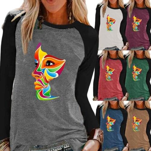 Autumn Womens New Casual Long-sleeved Shirt Top Abstract Face Print Round Neck Loose Lady T-shirt Sweatshirt XS-5XL