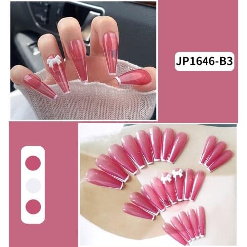 24Pcs Transparent Pink False Nails Long French Fake Nails Detachable Ballet Coffin Nail Tips With 3D Bow Press On Nail Art Tools