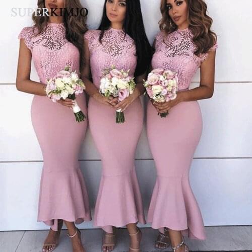 SuperKimJo Mermaid Pink Bridesmaid Dresses Short 2020 Lace Applique Elegant Cheap Wedding Party Dress Vestido De Festa Longo