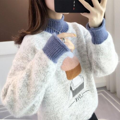 Loose Pullover Women Thicken Turtleneck Sweater Winter Cartoon Embroidered Sweater Long-sleeve Color Knitted Sweater Tops Female