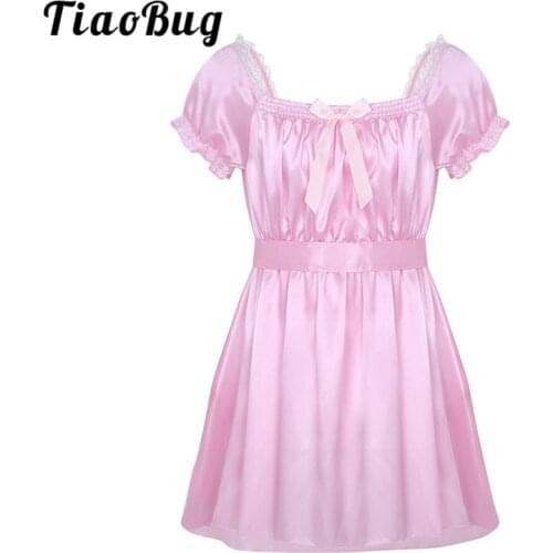 TiaoBug Men Short Sleeve Soft Satin Lace Crossdressing Sissy Lingerie Dress with Sash Nightwear Hot Sexy Gay Underwear Babydolls
