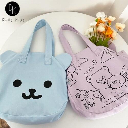 Ladies Canvas Shoulder Bag Female Cute Bear Head Double-Sided Printing Handbag Student Book Bag Girls Casual Large Capacity Tote