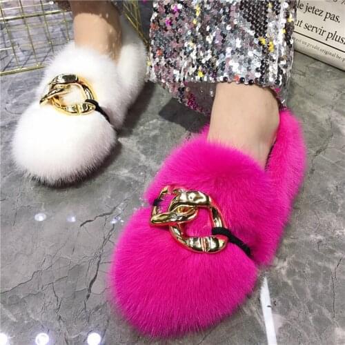 OLOMLB Womens Round Toe 100% Real Mink Fur Furry Metal Decor Loafers Slip On Flats Warm Winter Shoes Snow 12Colors New 2020