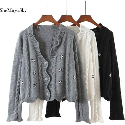 SheMujerSky Women V-neck Buttons Sweaters Cropped Embroidery Florla Single Breasted Cardigans 2021 Criss-cross Knitted Sweater