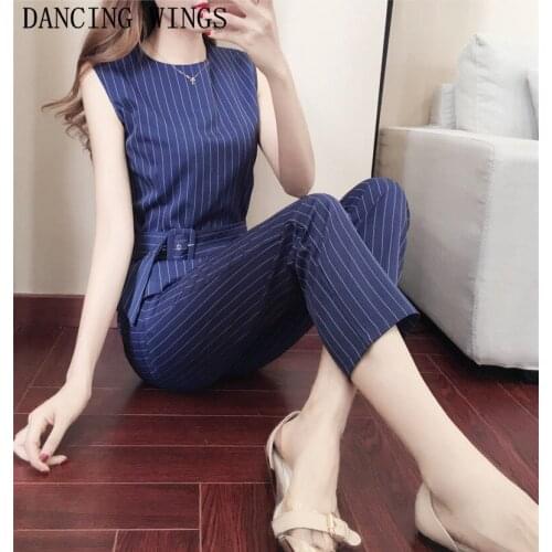 Women Fashion Summer Striped Clothing Set Female Sleeveless Tops + Ankle-Length Pants 2 Pieces Suit