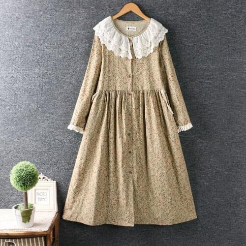 Mori Girl Women Dress 2021 Autumn Spring Lace New Fower A line Loose Long-sleeved Vintage Fashion Casual Women Robe