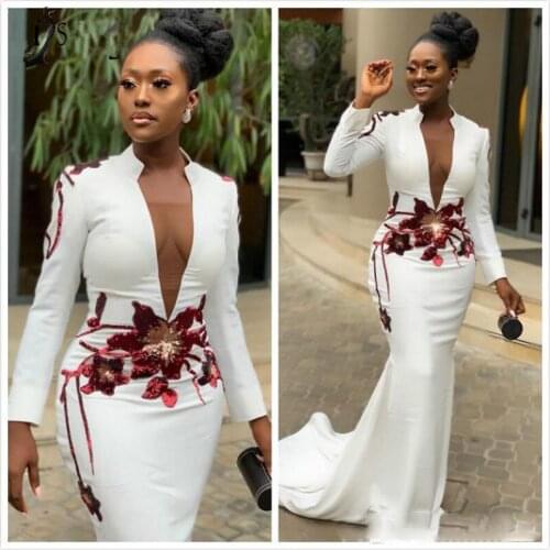 2020 White Mermaid Sexy African Evening Dress Long Sleeves Embroidery Appliques Mermaid Prom Dresses Deep V-neck Formal Gowns