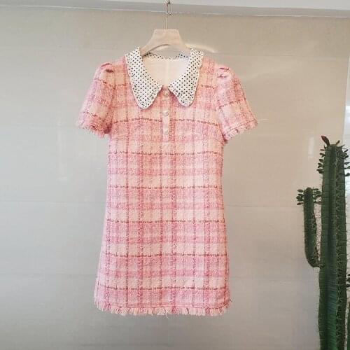 Pink Tweed Dress Short Sleeve 2020 Spring / Autumn Womens Tassel Dot Dress Splice Ladies Slim Retro One-Piece Shirt Dress
