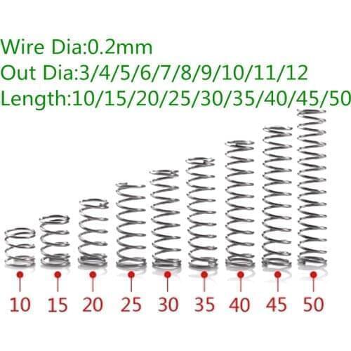 100pcs 0.2*2*L wire diameter 0.2mm Outer diameter 2mm Stainless Steel Micro Small Compression Return spring length 5mm-50mm