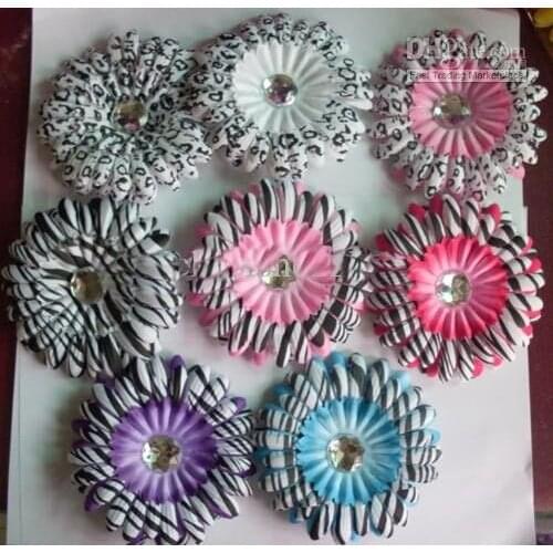 4 Inch Leopard Zebra Crystal Flowers Baby Hair Headband Bows Clip Gerbera Adorn 500pcs