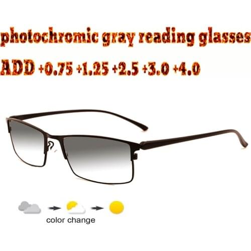 Business Mens Full Frame Photochromic Gray Reading Glasses Comfortable Alloy High Quality +1.0 +1.5 +1.75 +2.0 +2.5 +3 +3.5 +4
