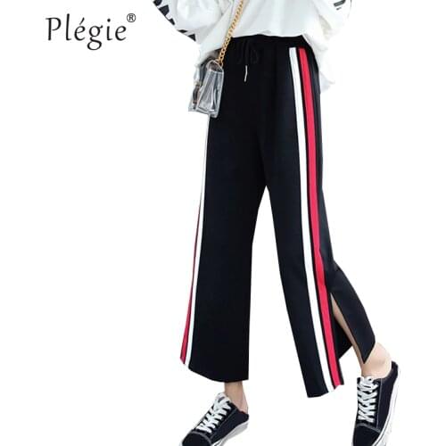 Plegie Harajuku Side Striped Pants Women Split Ankle Length Wide Leg Pants Sweatpants Trousers Pantalones Mujer Cintura Alta