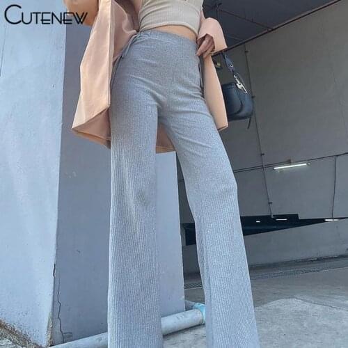 Cutenew Spring High Waist Streetwear Drawstring Bandage Women Pants 2021 Casual Slim Bell Bottom Ribbed Knitted Female Trousers