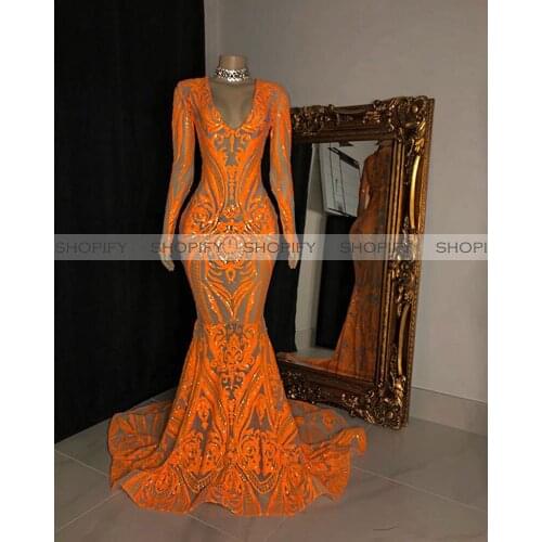 Long Mermaid Prom Dresses 2020 Sexy Long Sleeve Orange Sequined Nude Lining Black Girls African Women Prom Party Dress