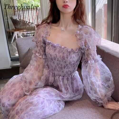 Elegant Kawaii Floral Dress For Women Summer Patchwork Print Puff Sleeve Sweet Dress Female French Party Midi Korean Vestidos