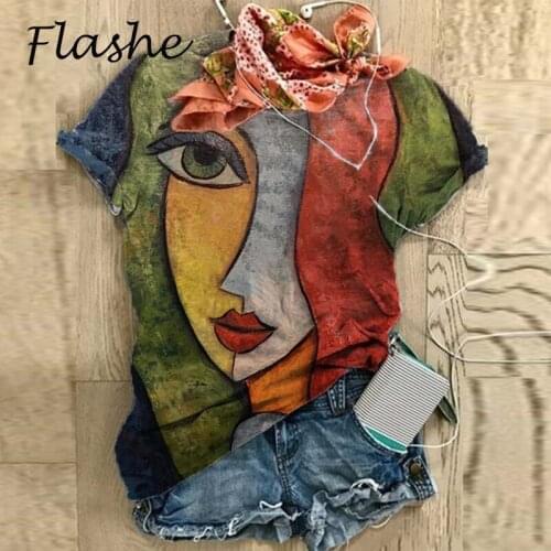 Womens Summer Casual T Shirts Round Neck Loose Ladies T Shirt Abstract Face Print Tops 2021 Fashion Short Sleeve Harajuku Tee