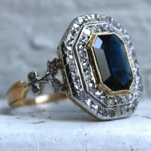 Classic old 18K Gold Blue Diamond Female Engagement Engagement Bride Princess Love Ring Size 5-11
