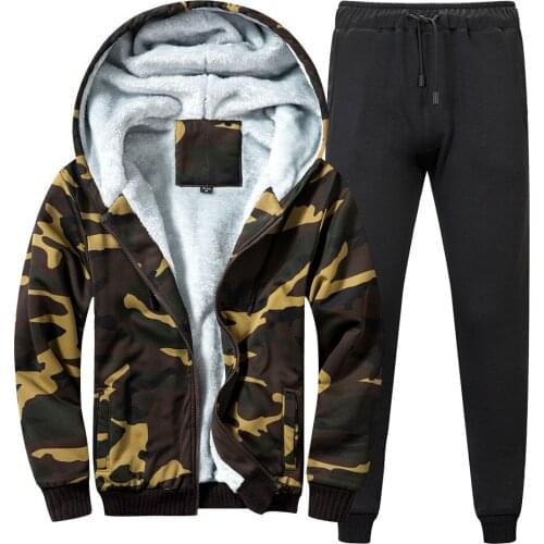 Autumn Winter Mens Warm Camouflage Set Tracksuits Men hooded Thicken Fleece Hoodies + Sweatpant two-piece suit Sportswear Male