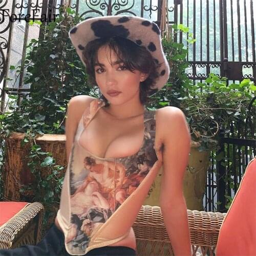 Forefair Summer Sexy Corset Crop Top Bustier Sleeveless Backless O Neck Print Women Y2k Top Tank Vintage Casual Fashion 2021