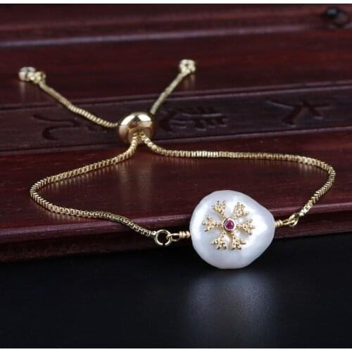 Multi color cz paved tiny snow snawflake charm freshwater pearl bead dainty gold thin link bracelets for women jewelry gift