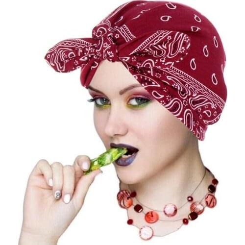Bonnets Women Multifunction Fashion New Printed Rabbit Ear Movable Bow Cashew Flower Muslim Turban Hat Indian Turban Hat 213