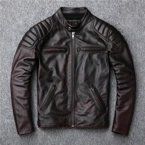 First layer cowhide mens genuine leather jacket mens stand-up collar leather jacket retro distressed reddish brown