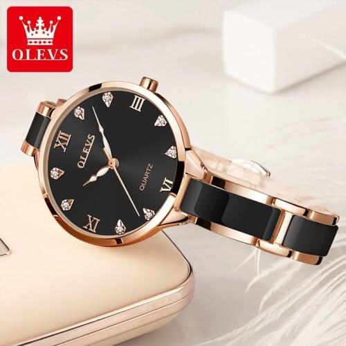 OLEVS New Fashion Casual Quartz Ceramic Ins Wind Ladies 30M Waterproof Luminous Alloy Case Watches Stainless Steel Strap 5872