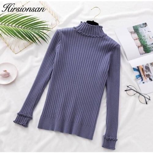 Hirsionsan Women Ruffles Pullovers 2019 Autumn Winter Knitted Sweater Elasticity Casual Jumper Solid Slim Warm Female Sweaters