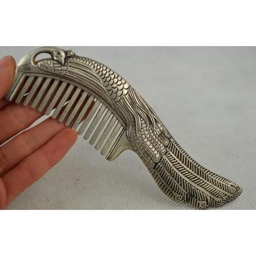 China Miao plata tallada a mano Pavo Real raro peine de la suerte artesanía de metal