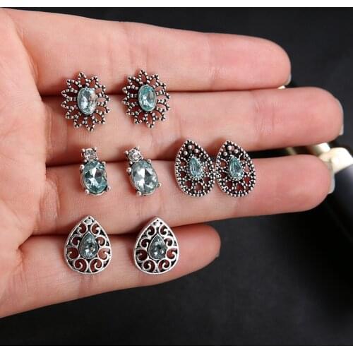 4 Pairs Fashion Blue Rhinestone Retro Stud Earrings for Women Jewelry Set Gifts