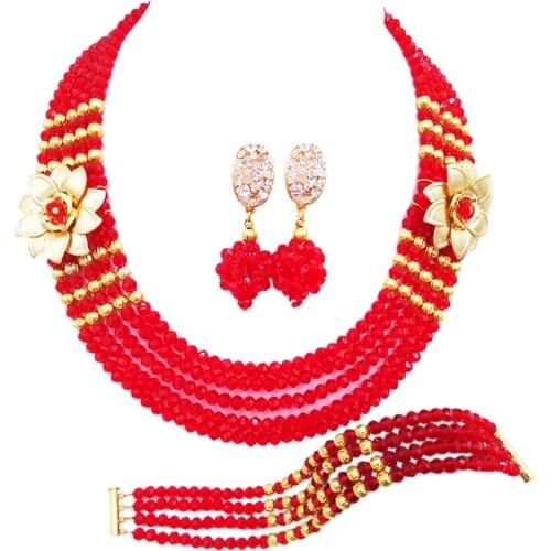 Amazing african wedding beads red jewelry set crystal nigerian necklace costume african set