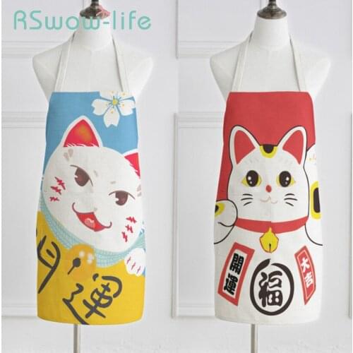 Japanese Style Lucky Cat Apron Waterproof Anti-fouling Oil-proof Cotton Linen Sleeveless Kitchen Apron For Restaurant Supplies