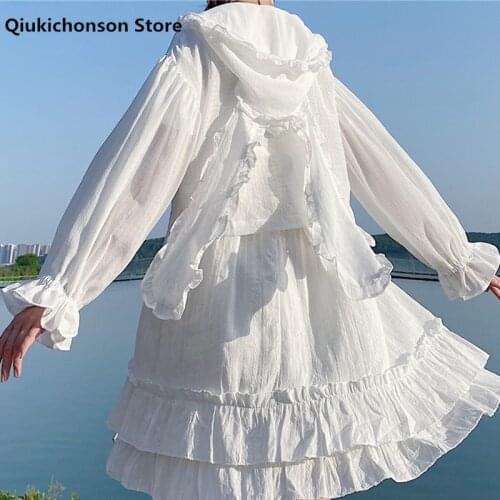 Japanese Style Soft Girl Kawaii Frilly Rabbit Ears Hooded Cardigan Women Summer Flare Sleeve Crop Tops Beach Cover Ups Plage