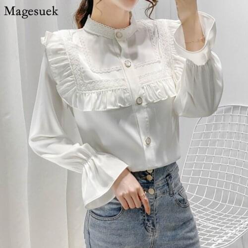 2021 Korean New Loose Elegant White Blouse Femme Lace Button Up Shirts For Women Ruffles Vintage Long Sleeve Ladies Tops 12477