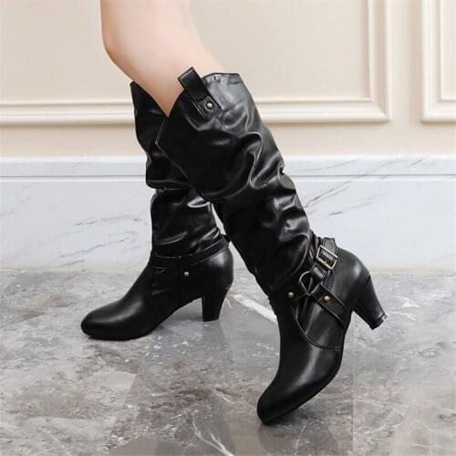 Womens Boots The New winter Round head fashion belt buckle mid heel High tube Womens shoes plus size 33-43 Heel Height 5cm