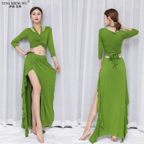 Women Sexy Fashion Bellydance Oriental Costumes Milk Silk Split Practice Clothes Top+Skirts Professional Belly Dance Top Skirts