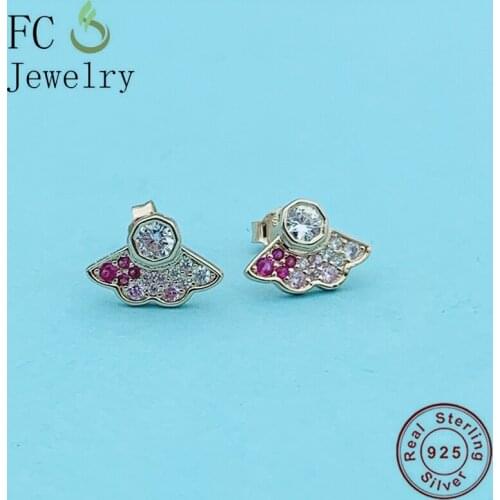 925 Sterling Silver Rose Gold Fans Color Zirconia Crystal Stud Earring Oorbellen Accessories For Women Wedding Party 2021 New