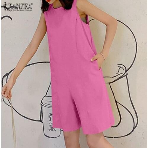 Summer Sleeveless Maxi Jumpsuits 2021 ZANZEA Women Solid O Neck Rompers Casual Short Wide Leg Playsuits Female Loose OL Overalls
