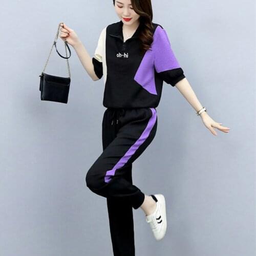 2021 Fashion Summer Sports Two-Piece Suit Women Short Sleeve Pullover Top Elastic Waist Harem Pants Casual 2-Piece Sets KW1129