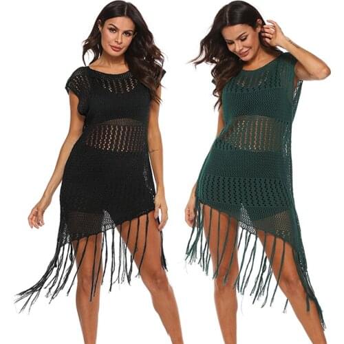 New Knitted Tassels Beach Cover Up Women Bikini Swimsuit Cover Up Hollow Out Beach Dress Tassel Tunics Bathing Suits Solid Pareo