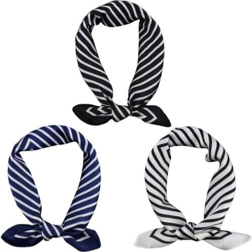 55x55cm Women Vintage Geometric Striped Square Neck Scarf Office Lady Imitation Silk Decorative Neckerchief Bandana