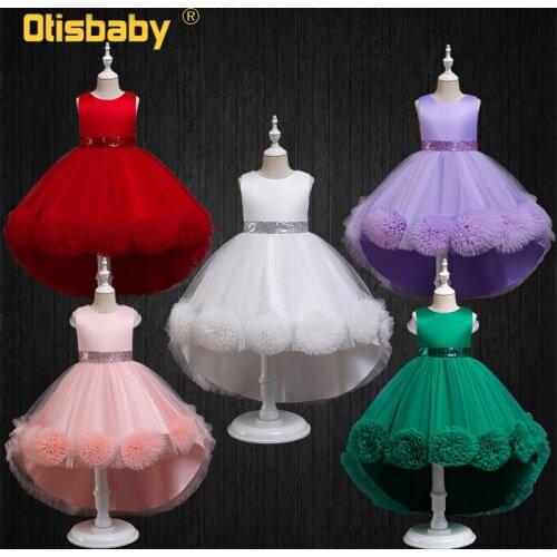 2021 Summer Style Elegant Girls Flower Sleeveless Tailing Wedding Party Dresses Child Sequins White Ceremony Evening Tutu Dress