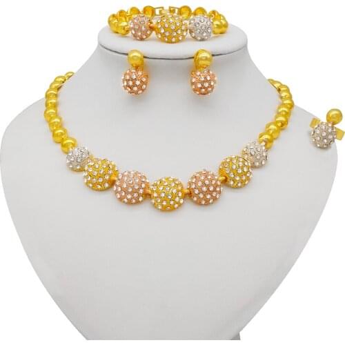 Gold Jewelry Sets Round Necklace Bracelet for Women Wedding Party Bridal Earrings Ring Jewelry
