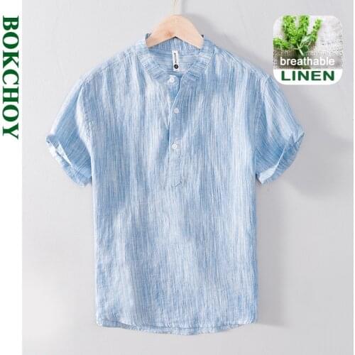 2021 Summer Spring New Men Striped T-shirt Linen Breathable Casual Pure Color Short Sleeve Shirt Gray Blue GC-L878