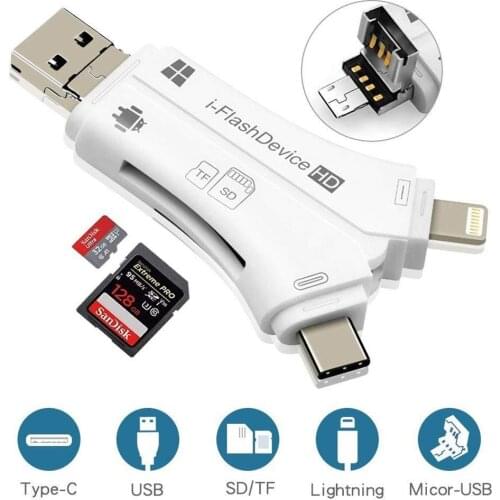 4 in 1 iPhone/Micro usb/USB Type-c/USB SD Card Reader for iPhone iPad Mac & Android, SD & Micro SD, PC