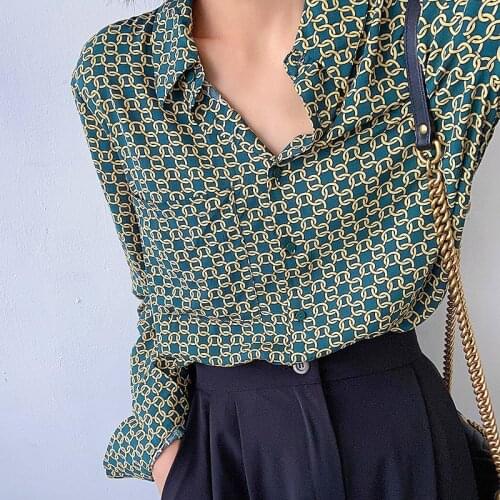 Iconic Tricolor Chain/Geometric/Plaid Printed Viscose Blouse Classic Office Boxy Poplin Shirt Easy Chic Regular-fit Casual Shirt