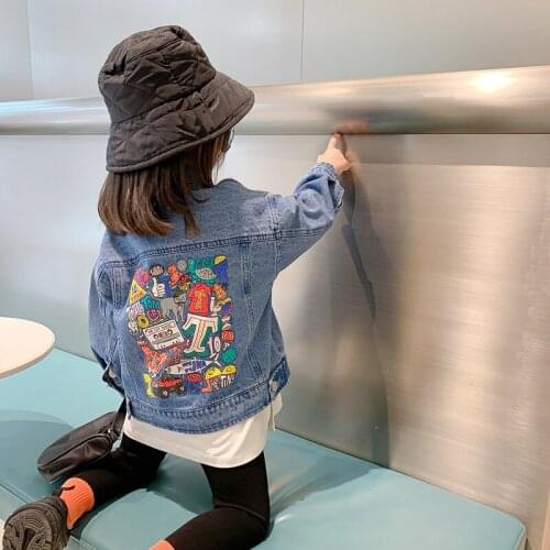2021 Spring New Kids Jackets Girl Casual Denim Jacket Fashion Korean Graffiti Lapel Denim Coats For Girls 2-7 Y Toddlers Outwear