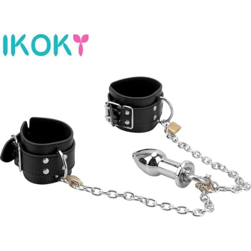 IKOKY Handcuff Bondage Kit Sex Toys For Women Leather Wrist Cuff Sex Restraints with Anal Plug Anal Plug Erotic Enema
